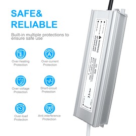 LightingWill LED Driver 60 Watts Waterproof IP67 Power Supply Transformer, 90-265V AC to 12V DC Low Voltage Output, Adapter with 3-Prong Plug 3.3 Feet Cable for Outdoor Use, Computer Project