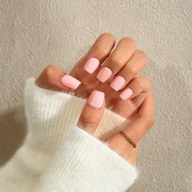 KQueenest Press on Nails Short with Glue - Sheer Nude Nails for Sticking Short, Plain Square Fake Nails, Square False Nails Set for Women & Girls, 24 Pieces