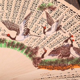 11 Colored Crowned Cranes Hand Folding Fan with scent of Sandalwood Set (3pcs) - Including a fan,a wood holder & a box
