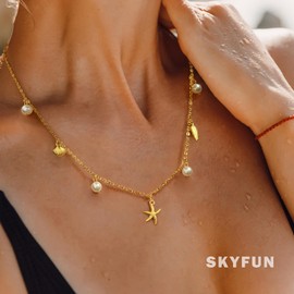 SKYFUN Shell Necklace for Women Gold Sea Shell Starfish Pearl Charm Necklace Boho Summer Beach Travel Vacation Bohemian Collar Jewelry