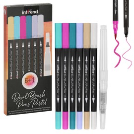 Intrend Dual Tip Brush Pen - Set of 6 Dual Tip Marker Pens - Colouring Pens with Felt Tips - Pastel Coloured Markers - Calligraphy or Journalling Brush and Fineliner Pens