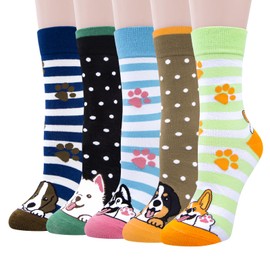 Chalier Cozy 5 Pairs Womens Socks Cat Gifts for Ladies Funny Dog Socks Cute Animal Gifts for Women,One Size,Striped Dog