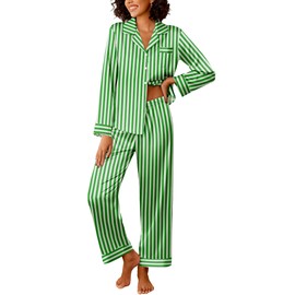 Ekouaer Womens Silk Satin Pajama Sets 2 Piece Sleepwear Pjs Set Long Sleeve Button Down Top and Pants Stripe Loungewear,M