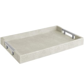 Home Redefined 18”x12” Natural Ivory Beige Rectangle Shagreen Faux Leather Decorative Serving Tray with Metal Handles Coffee Table Room Decor