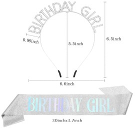 Women's Glitter Birthday Sash and Tiara Set - Sliver and White Rhinestone Headband, Crowns, and Happy Birthday Decorations
