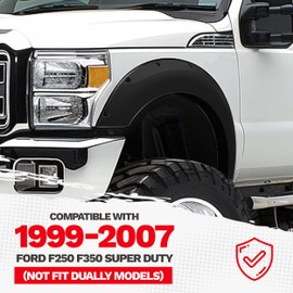 ECOTRIC 4Pcs Fender Flares Compatible with 1999-2007 Ford F250 F350 Super Duty (Not Fit Dually Models), Pocket Bolt-Riveted Style Wheel Guards Cover Smooth Black, Replace for FO1240208 F81Z16006AA