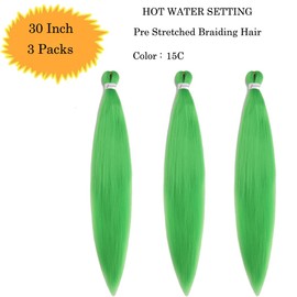 Pre Stretched Braiding Hair Extensions 3 Packs 30 Inch Green Braiding Hair Synthetic Braids Hair Extension for Women Hot Water Setting(30Inch,15C)