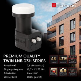 RED OPTICUM 03H Series Twin LNB: LNB 4x Digital HD 4K, Two Outputs for DVB-S2, Weatherproof with Rain Cover, Compatible with Sat Finder, Compact and Lightweight