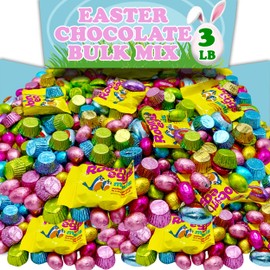 Bulk Easter Chocolate Candy Mix, 3 Lbs Assorted Variety of Individually Wrapped Milk Chocolate, Pastel Colored Easter Candy Bulk, Chocolate Eggs, Spring Peanut Butter Cups, For Egg Hunts, Basket Fillers
