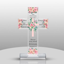 EoffIvan Religious Gifts for Women Christian Gift Acrylic Standing Cross for Women Jesus Cross Bible Verse Gift Christian Office Decor Flowers Catholic Decor God Loves You Sign Bible Decorations