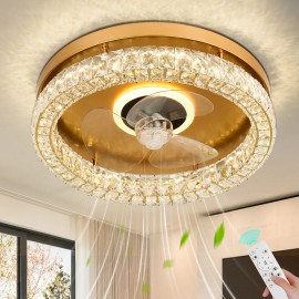 Gold Crystal Ceiling Lamp with Retractable Fan and Chandelier Lighting Remote Control ModeLamp Power(W): 72, Number of Lights: LED, Shade  color: Gold, Design Style: Modern