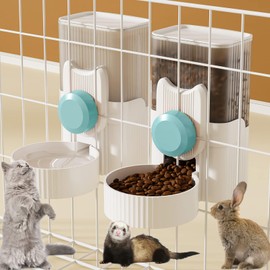 Lemtrflo Rabbit Feeder for Cage,Hanging Automatic Cat Feeder and Water Dispenser,Ferret Cage Accessories,Food Water Bowl for Cats Rabbit Guinea Pig Cages(Cage Grid Spacing Over 1.2'')