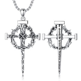 Lattd Nail Cross Necklace with Joshua 1:9 925 Sterling Silver Crown of Thorn Nail Cross Pendant Christian Jewelry for Men Dad Husband, w/Stainless Steel Chain 22''+2''