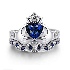 Finemall Women Fashion Jewelry 925 Sterling Silver Blue Sapphire Claddagh Ring Set New Set Cubic Zirconia Gemstone Ring Size 5-10 (US 10)