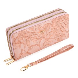 ZLLkeji Women's Fashion Purse PU Leather Long Purses Flowers Zip Purse Lots of Card Slots for Dating Shopping Party, pink, Classic