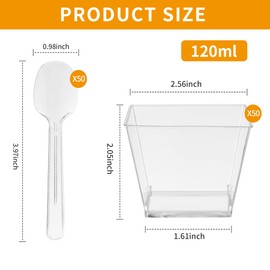 DUBUOZA Pack of 50 Plastic Dessert Glasses, 120 ml Dessert Cups, Plastic, Reusable, Desert Cups, Clear, Dessert Cup for Desserts, Ice Cream, Pudding and Family Parties, Birthday Parties