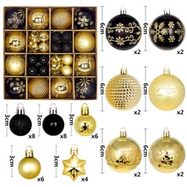 44 PCS Christmas Tree Decorations Baubles Set Shatterproof Hanging Christmas Ball Ornaments for Xmas Tree, Christmas Decoration, Black Gold Baubles