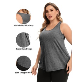 FOREYOND Plus Size Workout Tank Tops for Women Loose Fit Racerback Athletic Gym Yoga Running Sleevelss Shirts Sport Exercise Clothes, Dark Grey, 2XL