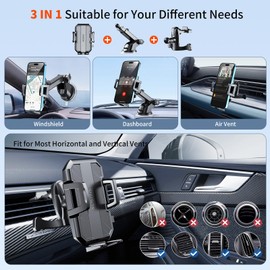 SUUSON SUUSON Upgraded 3-in-1 Car Phone Holder Mount [Powerful Suction] Phone Mount for Car Dashboard Air Vent Windshield,for All iPhone Android Phone (Black)