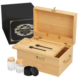 promitop Bamboo Storage Box with Lid and Lock – Large Wooden Stash Box with Rolling Tray, Adjustable Dividers & Vintage Gold Side Handles, Elegant Storage Organizer