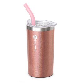 Bluwing 12 oz Small Tumbler with Straw- Stainless Steel Insulated Water Tumbler Cup for Women, Leak Proof Lid, Straw Brushes (Glitter RoseGold)