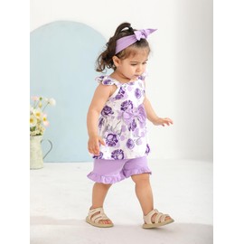3PCS Infant Baby Girls Summer Clothes Toddler Pullover Floral Bow Sling Tops Solid Shorts Headband Outfit Set Purple 12-18 Months