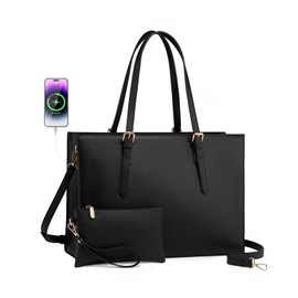 LOVEVOOK Laptop Tote Bag for Women, Large Briefcase for 15.6 Inch Computer Waterproof PU Leather Shoulder Bag with USB Charging Port, Business Office Work Shoulder Handbag Purse 2Pcs Set, Black