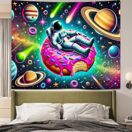BlissYard Blacklight Reactive Astronaut Donut Tapestry Neon Glow Wall Hanging Psychedelic Space Room Decor for Bedroom Living Room Party UV Reactive Trippy Artwork Galaxy Themed Home Decor 71x59 Inch