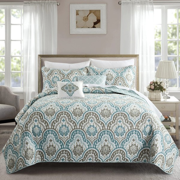 Home Soft Things Tivoli Ikat Oversize 122" x 106" 5 Piece Teal Aqua Printed Prewashed Quilted Coverlet Bedspread Bed Cover Set for All Season, Lightweight Quilt Blanket with Matching Shams Pillows