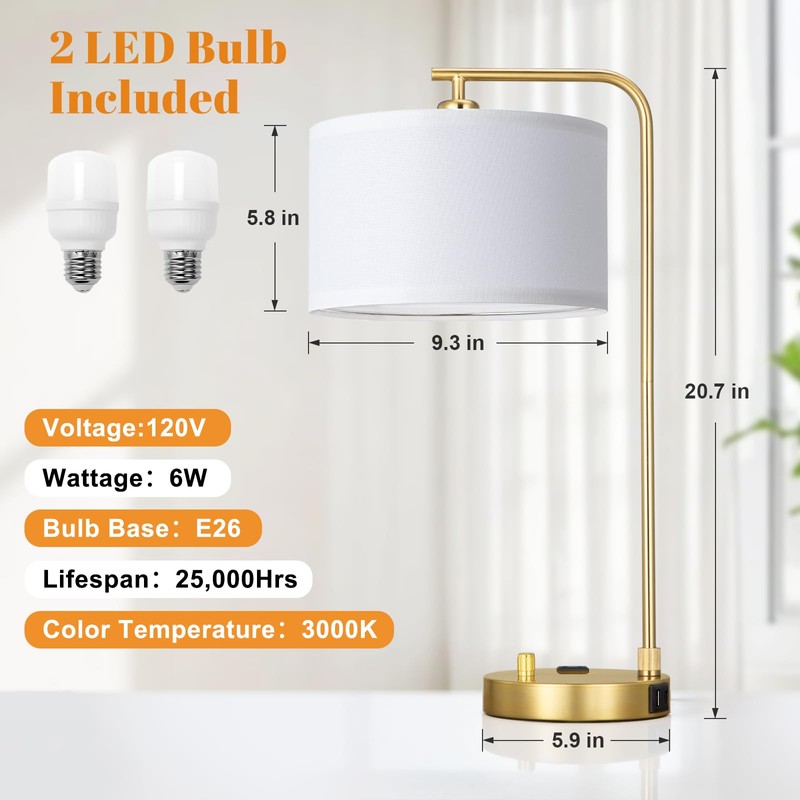 Gold Bedside Lamps Set of 2, Fully Dimmable Lamps for