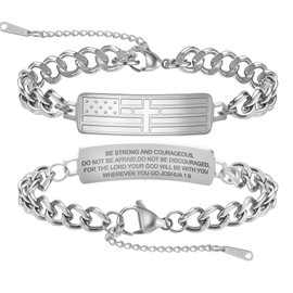 VASSAGO Cross Bracelet for Men Stainless Steel American Flag Bracelet Bible Verse Patriotic Independence Day Communion Confirmation Baptism Christian Gifts for Teens (silver)