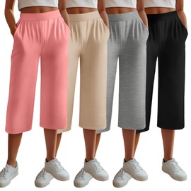Neer 4 Pack Women's Capri Pants, Cotton Wide Leg Capris Sweatpants Lounge Loose Fit Cropped Yoga Pant with Pockets for Summer(Black, Light Heather Gray, Apricot, Light Pink,Medium)