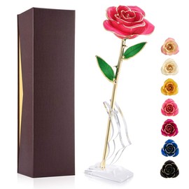 Ejoyous Gold Plated Rose, 24K Gold Dipped Real Rose Flower Gift para Lover Mom Wife Hija Girl Friend, presente en el día de la madre, aniversario de bodas, cumpleaños, propuesta, recompensa (rosa con soporte)