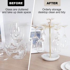 Wine Glass Holder, 6 Hooks Marble Base Stemware Rack Freestanding Tabletop Glass Storage Display Hanger for Kitchen Bar Dinning Room