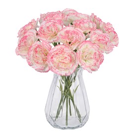 Pink Carnations Artificial Flowers 15pcs Real Touch Carnation Flowers Silk Flowers with Stems for Wedding Bouquets for Bridal Home Table Centerpieces Floral Arrangements (Latex Pink in White)