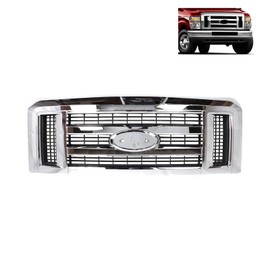 Front Chrome Grille Assembly Compatible With 2008-2014 Ford E-150 E-250 2010-2021 Ford E-350 Super Duty 2009 E-450 Super Duty Grille Replacement for 9C2Z8200AA FO1200507