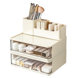 DASITON Makeup Organizer for Vanity with 2 Drawers, Stackable Cosmetic Organizer with Makeup Brush Holder, Plastic Bathroom Organizer Skincare Storage for Brushes, Eyeshadow, Lotions, Lipstick (Cream)