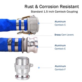DAVCO 1-1/2" ID × 100 ft PVC Lay Flat Discharge Hose, Heavy Duty Reinforced Blue Pool Backwash Hoses For Swimming Drain Pools, with Aluminum Camlock C and E Fittings, Cam Lock Fitting Type F included