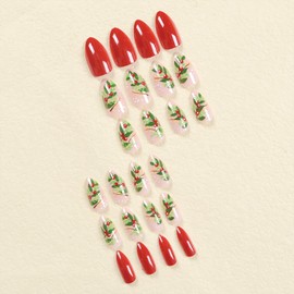 SINHOT Christmas Press on Nails Medium Almond Fake Nails Glossy Winter Xmas Poinsettia Design Red Stiletto False Nails with Glue Full Cover Artificial Acrylic Nails 24pcs