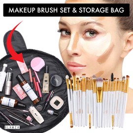 Drawstring Makeup Bag GLAMZA ‘Lazy’ Cosmetics Makeup Pouch Storage Organiser for Women & Girls (Black) - From Flat Makeup Bag to Structured Travel Makeup Bag in Seconds Inc 20pc Brush Set