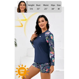 Halcurt Women's Built in Bra Rash Guard Long Sleeve Swimwear UPF 50 Two Piece Swim Shorts and Tops, Navy Blue Paisley, X-Large