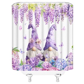 YSSFAV Purple Floral Gnomes Shower Curtain Spring Flower Butterfly Rustic Farmhouse Wooden Board Romantic Bathroom Decor Curtains Set with Hooks, 70" W x 70" H