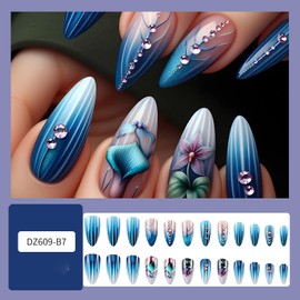 Blue Gradient French Tip Press on Nails Medium Flower Rhinestones Design Stripes False Nail Full Cover Glitter Stick on Nail Almond Tip Press Ons Manicure Glossy Reusable Glue on Nails for Women