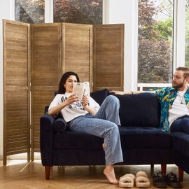 Room Partitions and Dividers, Temporary Wall with Double Hinges, 5.6 Ft Tall Folding Louver Wood Screen for Home Office Bedroom Hotel Decoration (4 Panels, Brown)