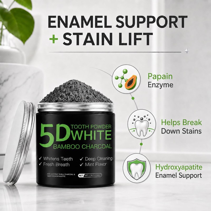 Bamboo Charcoal Whitening Tooth Powder with Hydroxyapatite, Stain Removal &