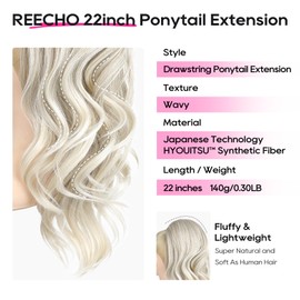 REECHO Ponytail Extension, Drawstring Ponytail Extension Long Wavy Layered Pony Tails Hair Extensions 22inch Natural Fake Ponytail Clip in Synthetic Hairpiece for Women, Ash Brown with White Ends