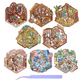 Girls 3D Sticker Scene, 4 Sets Fun Scene Stickers for Plant House, Vintage Shop, Magic Academy, Tidal Realm, Cute 3D House Stickers for Adult Kids Relief Stress Pass The Time