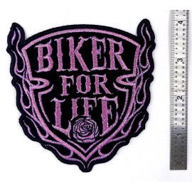 Lady Biker - Pink Biker For Life  Iron On Embroidered Patch 4"x 4"