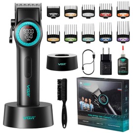 VGR 001 - Cortador de pelo profesional para hombre, inalámbrico, para cortar el cabello, hoja de acero al carbono, para barberos, 9000 rpm, pantalla LED, negro