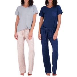 2 Pack: Short Sleeve Pajamas For Women Sets Womens Pajama Sets Two Piece Pj Summer Pijamas De Mujer Cotton Pjs Pants Loungewear Sleepwear Matching Ladies Bottoms Comfy Soft Pyjamas Teen Lightweight